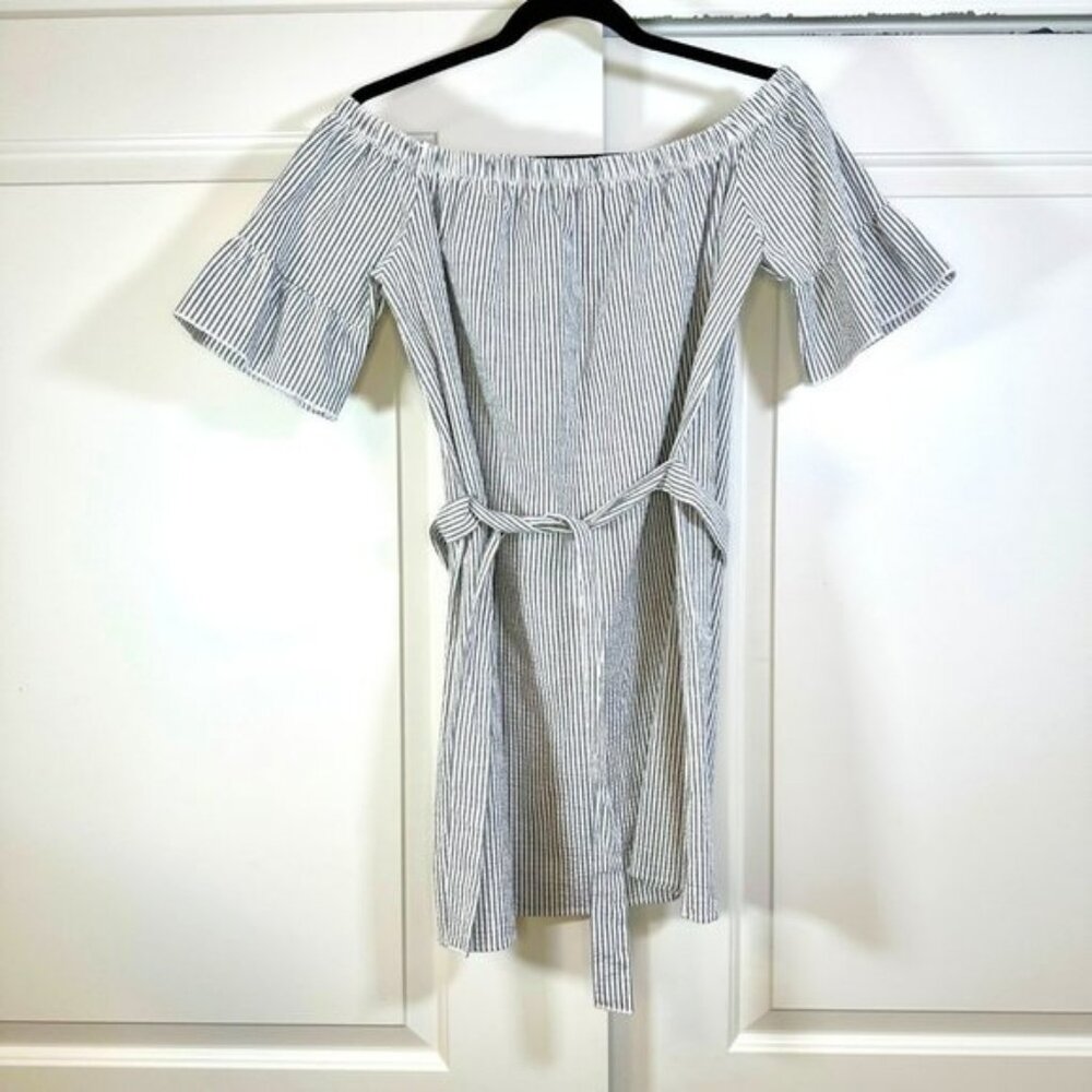 Off Shoulder Pinstripes Gray & White Dress - Large